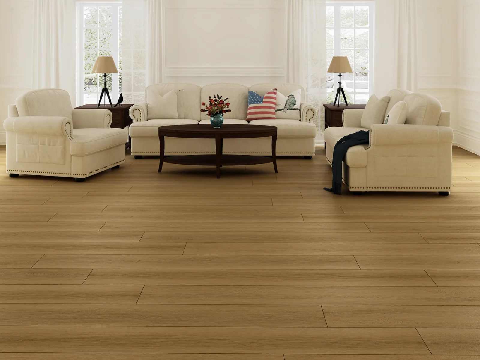 GemCore Seaside Asbury waterproof laminate, wide plank in a living room
