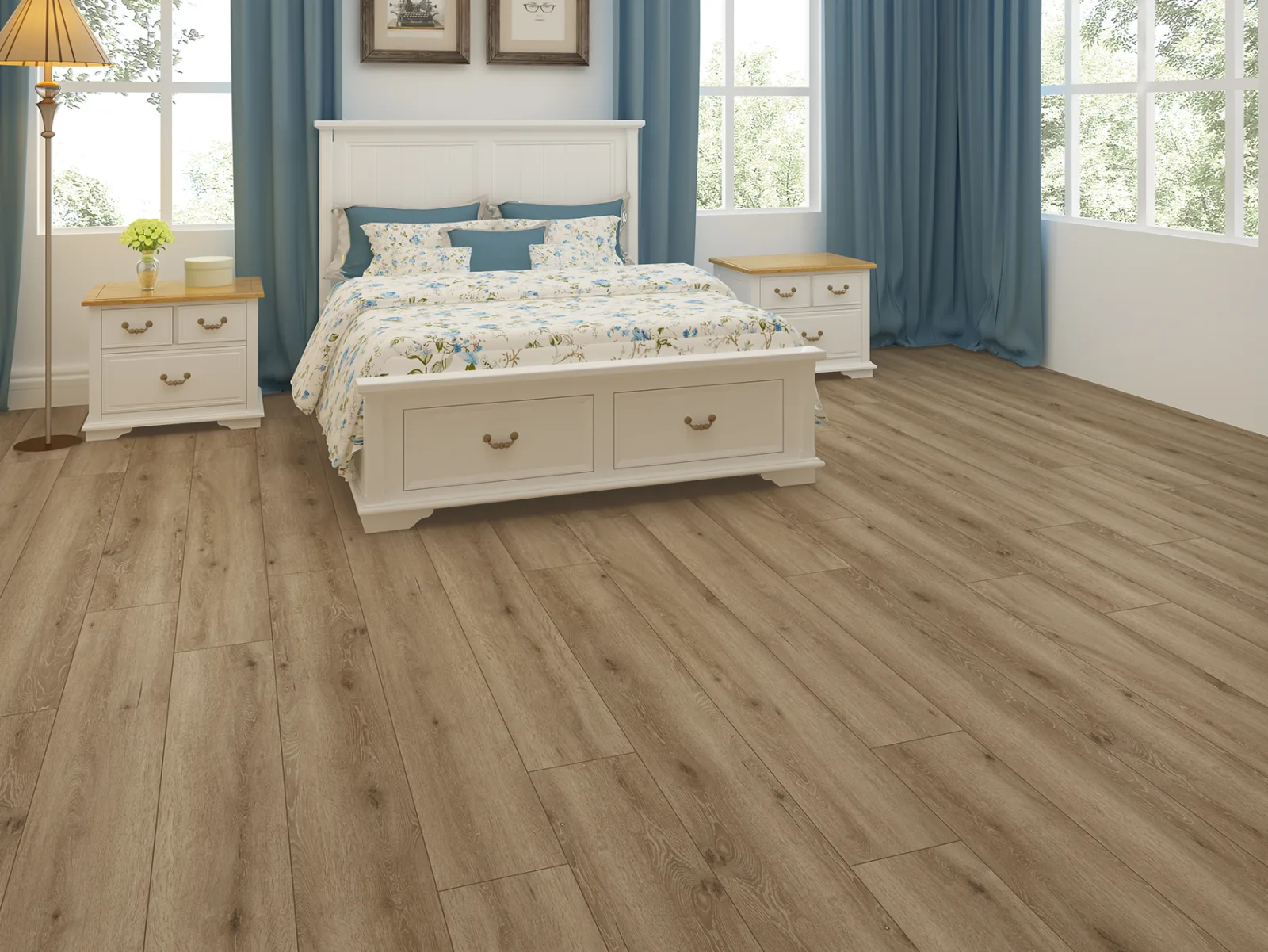 GemCore Seaside Topsail waterproof laminate, wide plank in a living room