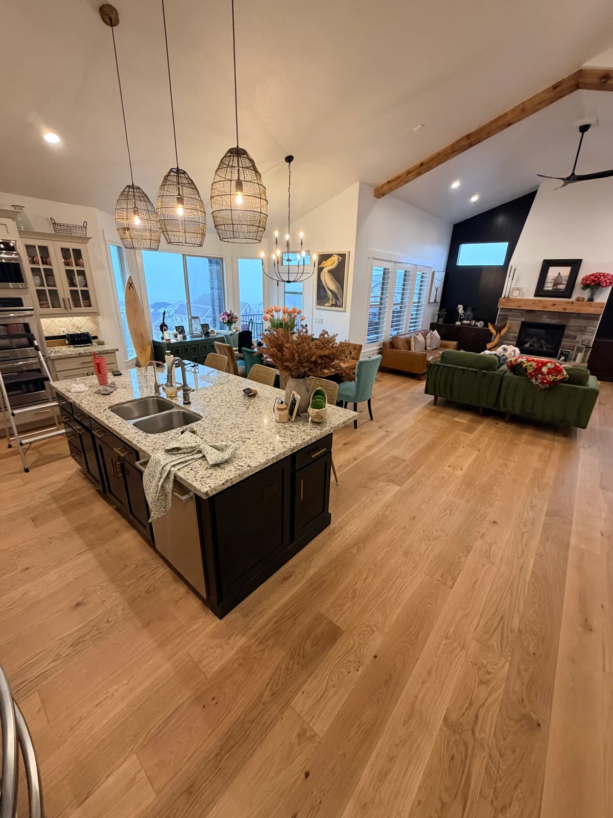 Light oak hardwood in open-plan furnished family home, Orem, UT