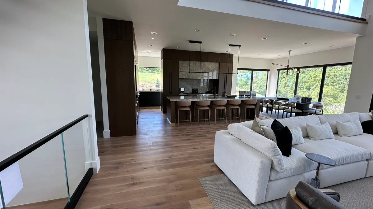 Open concept living and kitchen with hardwood floors, mountain views, Draper, UT